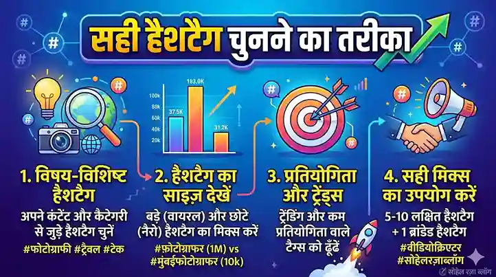 इंस्टाग्राम की ऑर्गेनिक रीच बढ़ाने के लिए सही हैशटैग चुनने का 4-स्टेप इन्फोग्राफिक गाइड